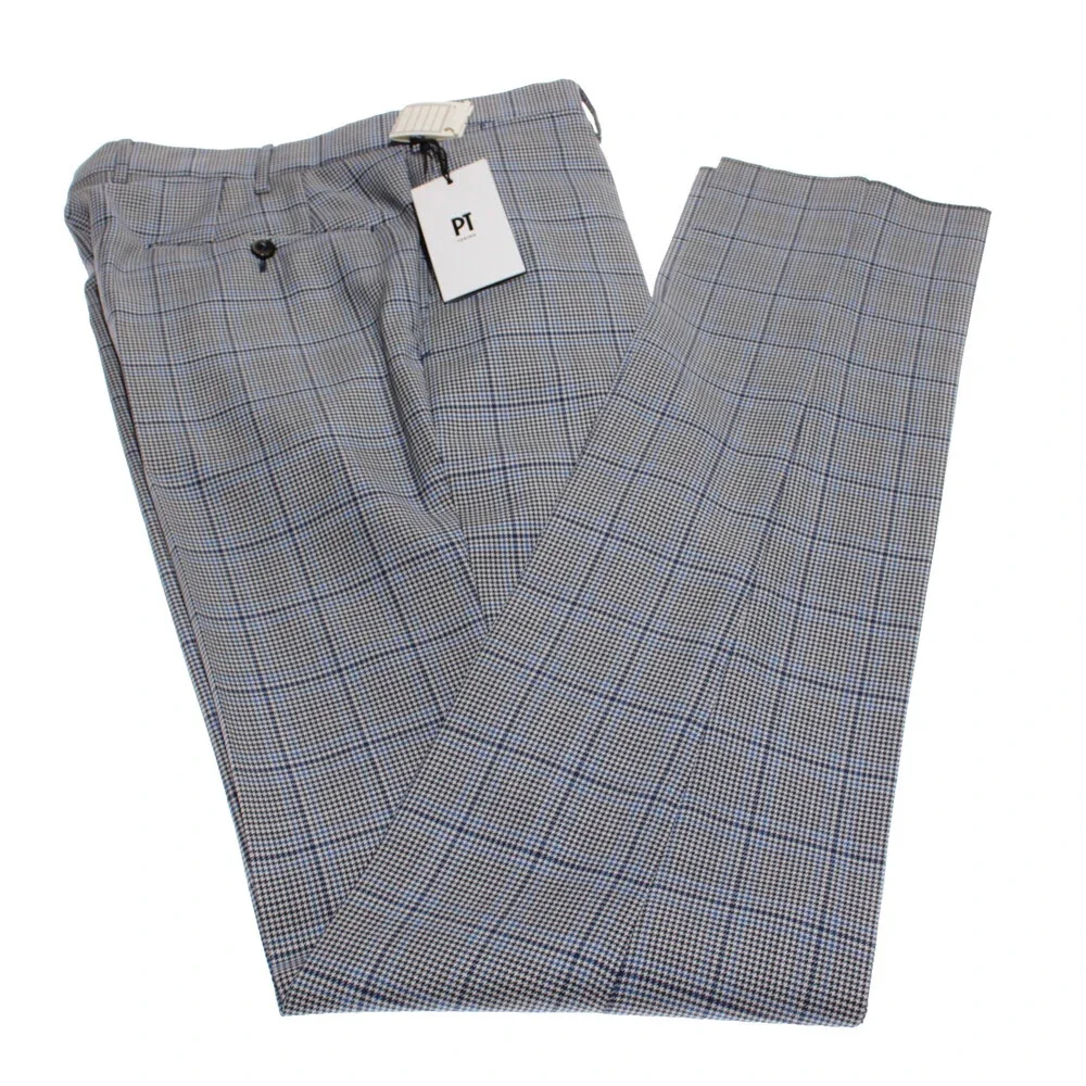 PT Torino NWT Dress Pants Size 50 (US 34) Slim Fit Super 100's Blue Check Wool